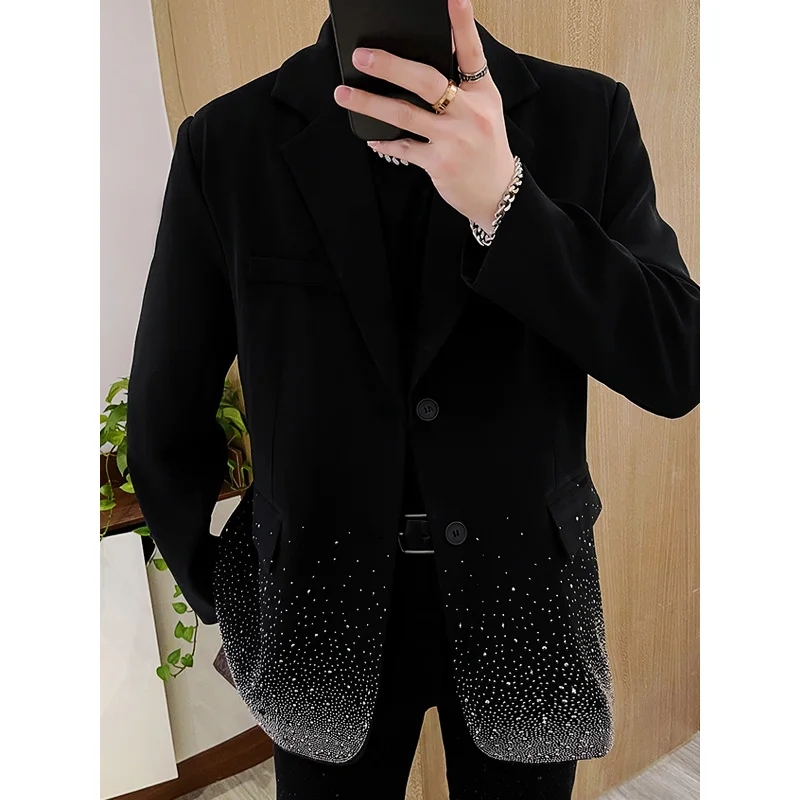 Full Diamonds High-end Suit Jackets Men's Fashion Design Super Nice Tops Black Loose Blazers Trendy Male Long Sleeve Suit Jacket