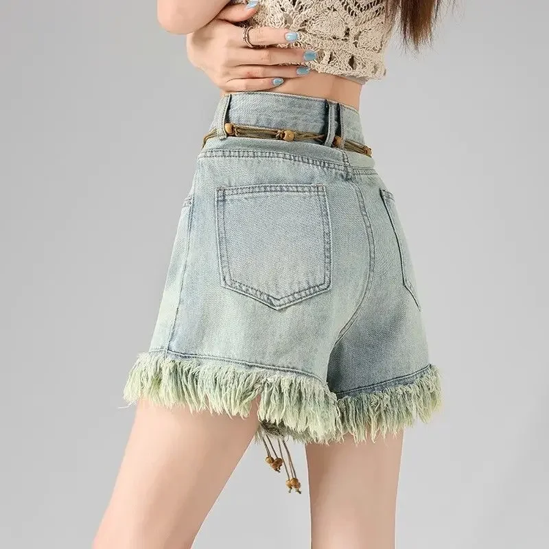 Shorts jeans para mulheres com franjas largas cintura alta calças jeans curtas roupas femininas ao ar livre jovem confortável harajuku moda y2k