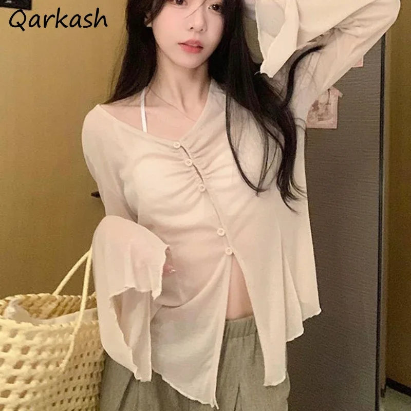 

Sunscreen Jackets Women Irregular Ruffles Aesthetic See-through Summer Tender Clothing Flare Sleeve Lady Temper Vintage Thin New