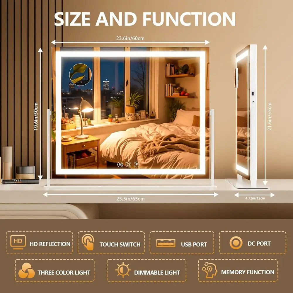 Espejo LED de tocador cuadrado de 26 x 22, luz de 3 colores con pantalla táctil, espejo de maquillaje regulable para escritorio