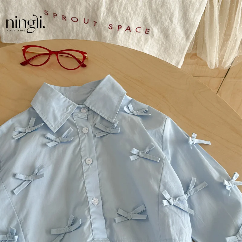 

Girls' Bowknot Shirt Spring and Autumn New Trendy Children's Casual Spring Outfit Short Shirt for Girls Stylish