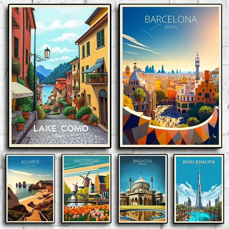 Lago Como Barcelona Retro vacaciones viajes ciudad lienzo pintura carteles impresos para habitación arte de la vida decoración de la pared del hogar imágenes de turismo