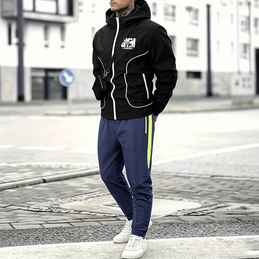 Mens Casual Tracksuit Set White Line Hooded Jacket Gym Warrior Letter Print & Side Stripe Trousers 2 Pcs Zipper Pocket Suit view 4