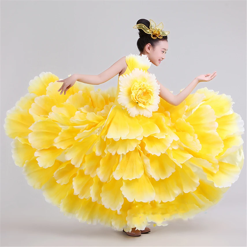 Kids Petal Costumes 6Color Spanish Dress for Girls Flamenco Dance Gypsy Skirts Stage Performance Wear Chorus Dresses 100-160CM