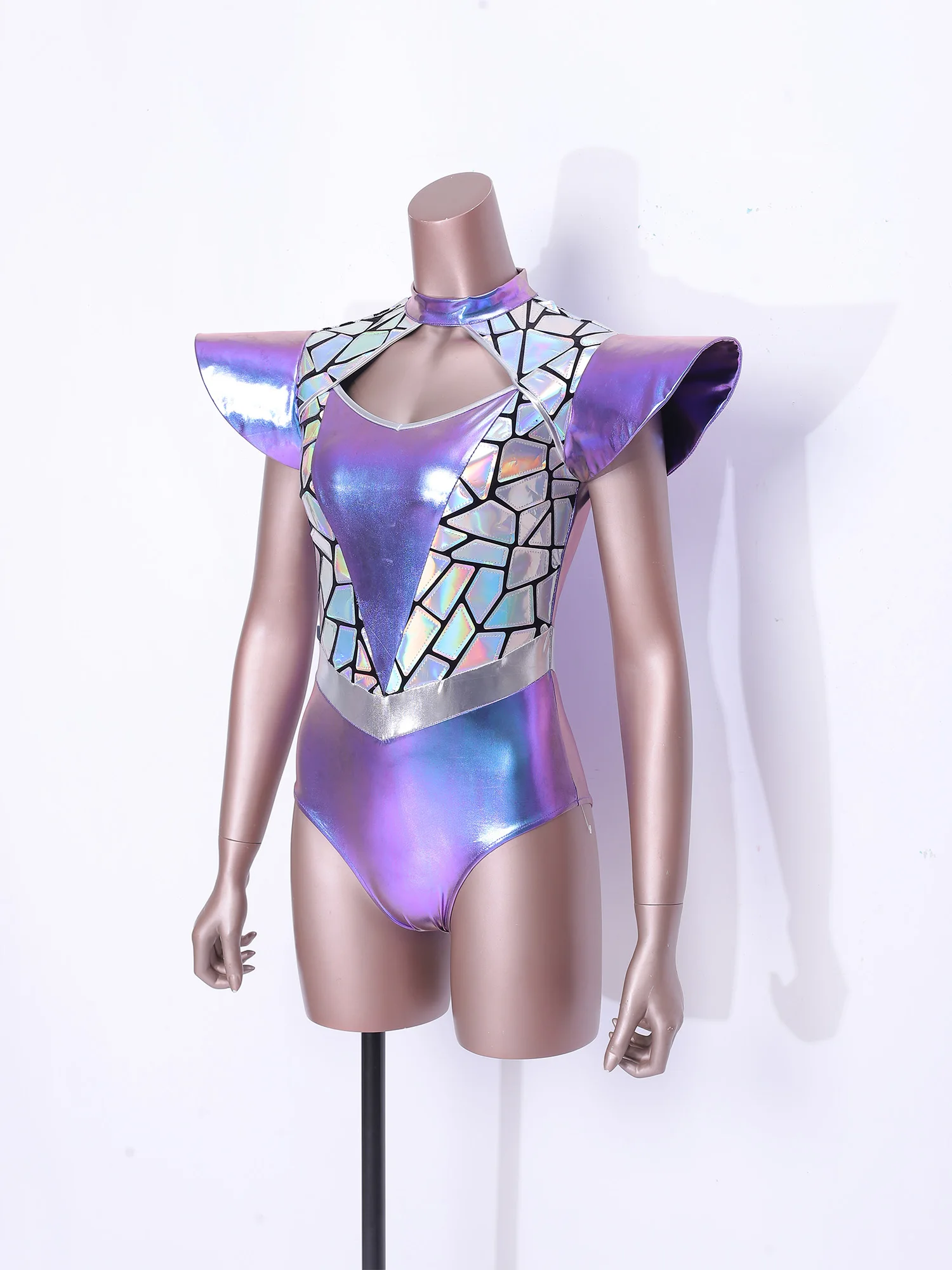 レディースバレエダンス体操レオタードハロウィンエイリアンロボットコスプレ衣装グラデーションメタリック光沢のあるカットアウトフライスリーブボディスーツ