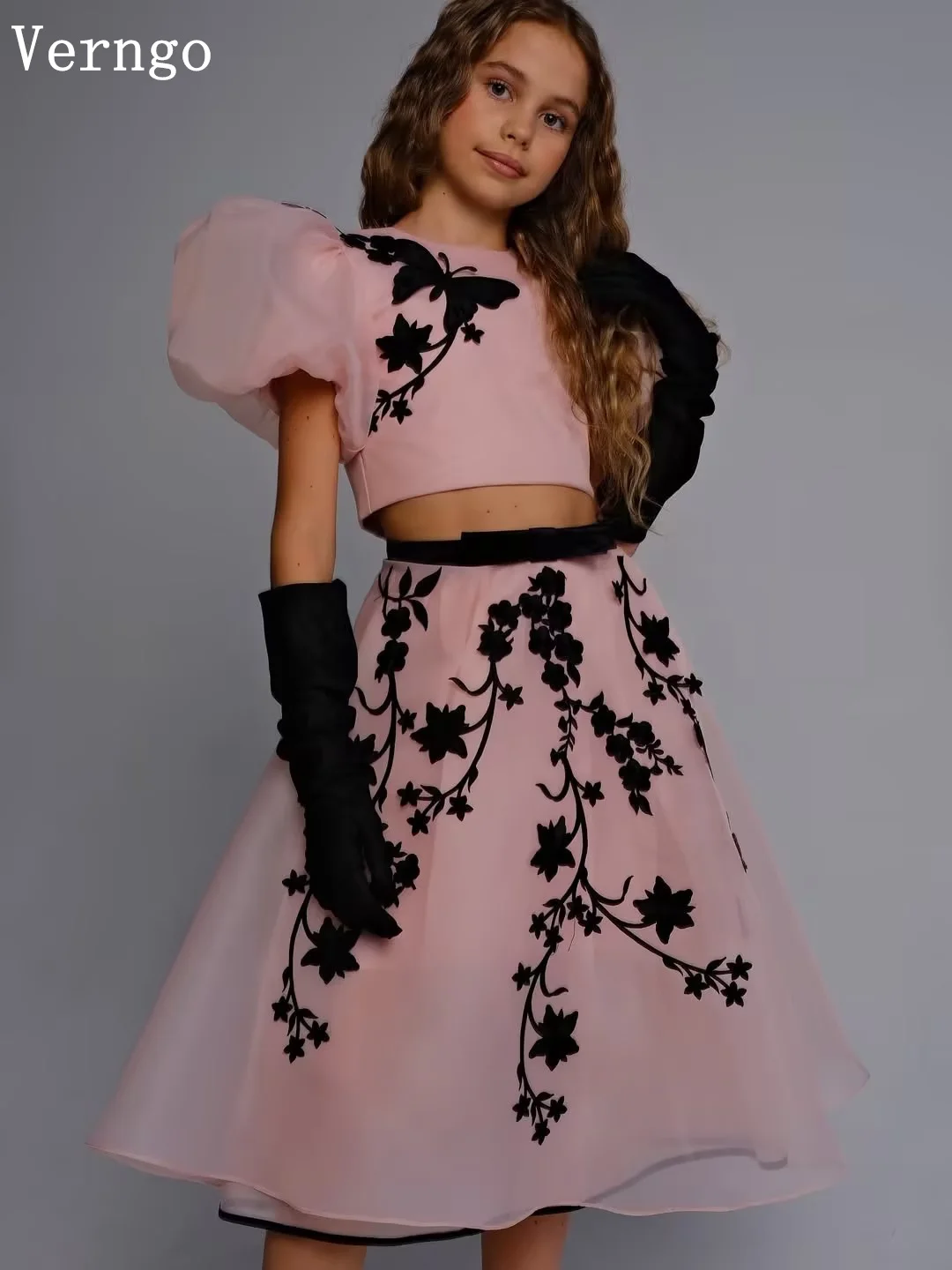 

Verngo Pink Organza Appliques Mini Flowers Girl Dress Short Sleeves Princess Ball Gown 2 PicsCelebrity Birthday Dress Customized