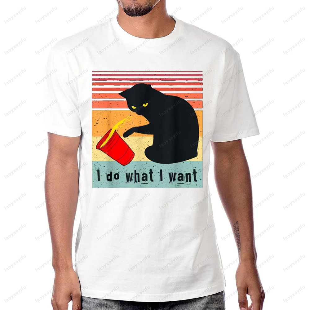 افعل ما أريد خمر القط الأسود كوب أحمر مضحك قطتي تي شيرت الصيف الشارع الشهير موضة عادية كم قصير Y2K للجنسين تي شيرت #1