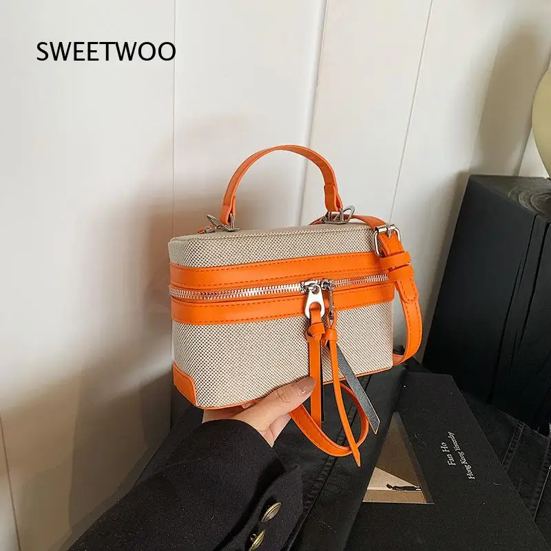 Canvas Patchwork PU Box Handbag Contrast Orange Trim Double Zipper Mini Top Handle Crossbody Shoulder Bag