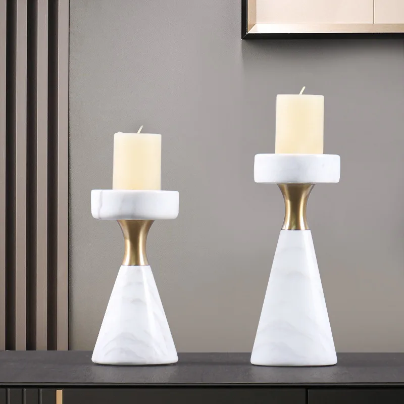 Natural marble candle holder decoration sample living room soft decoration conical bottom splicing metal candle holder