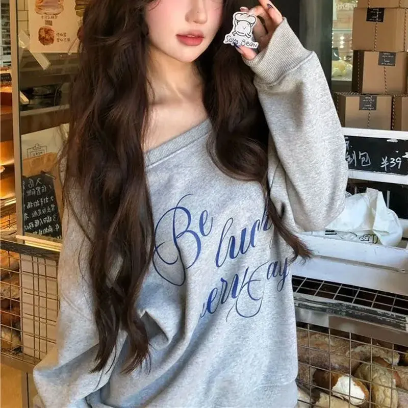 

Stylish Letter Skew Collar Hoodies Autumn New Loose Off Shoulder Women's Clothing Casual Printed American Hotsweet Sweatshirts