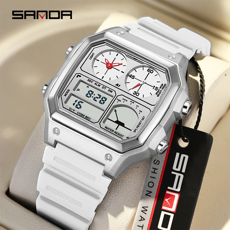 SANDA Men Luxury Electronic Watch Fashion Sport Multifunctional Waterproof Watch Dual Display LED Luminous Outdoors Casual Watch
