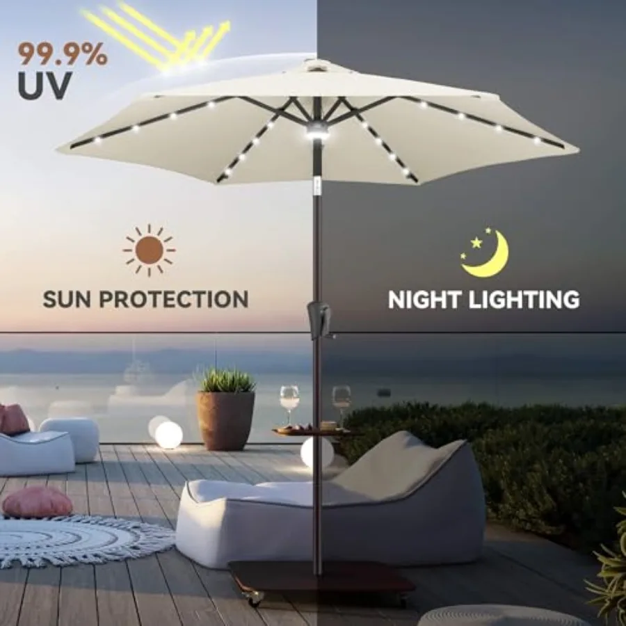 Solar Umbrella Outdoor - Lighted Solar Patio Umbrella with 24 LED Lights Waterprool UV Protection Table Umbrella with Tilt for