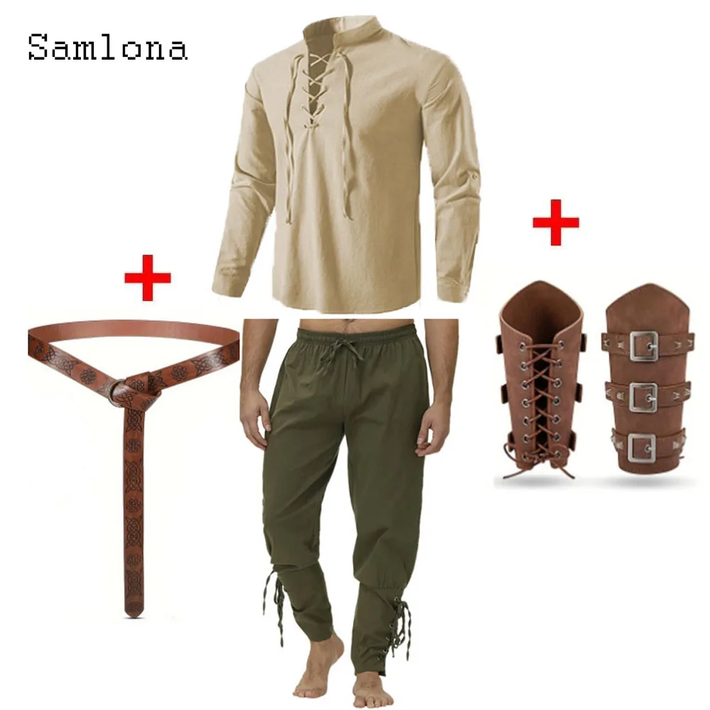 

Mens Vintage Two Piece Sets with Belt 2024 European Casual Linen Blouse and Medieval Pants Suit Male Lace-up Tracksuits Set New