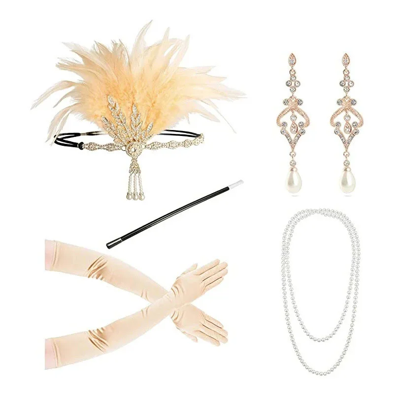 

1920's Cosplay Flapper Halloween Charleston Costume 1920s Gatsby Accessories Pink Nude Headpiece Great Gatsby Feather Headband20