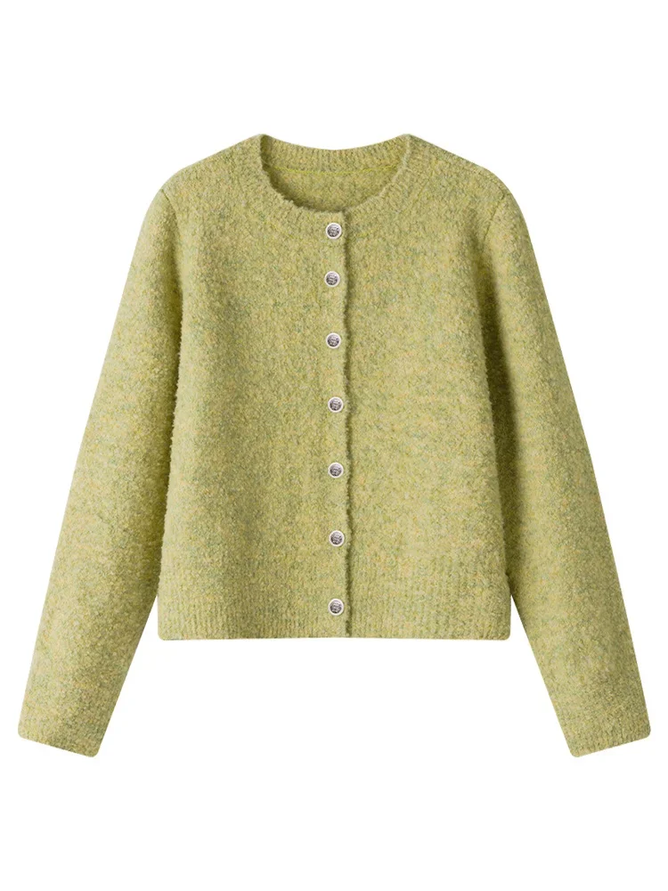 FSLE Ring Velvet Temperament Yellow 2023 Winter New Cardigan Sweaters 8.4% Wool Female Round Neck Solid Short Women Cardigans