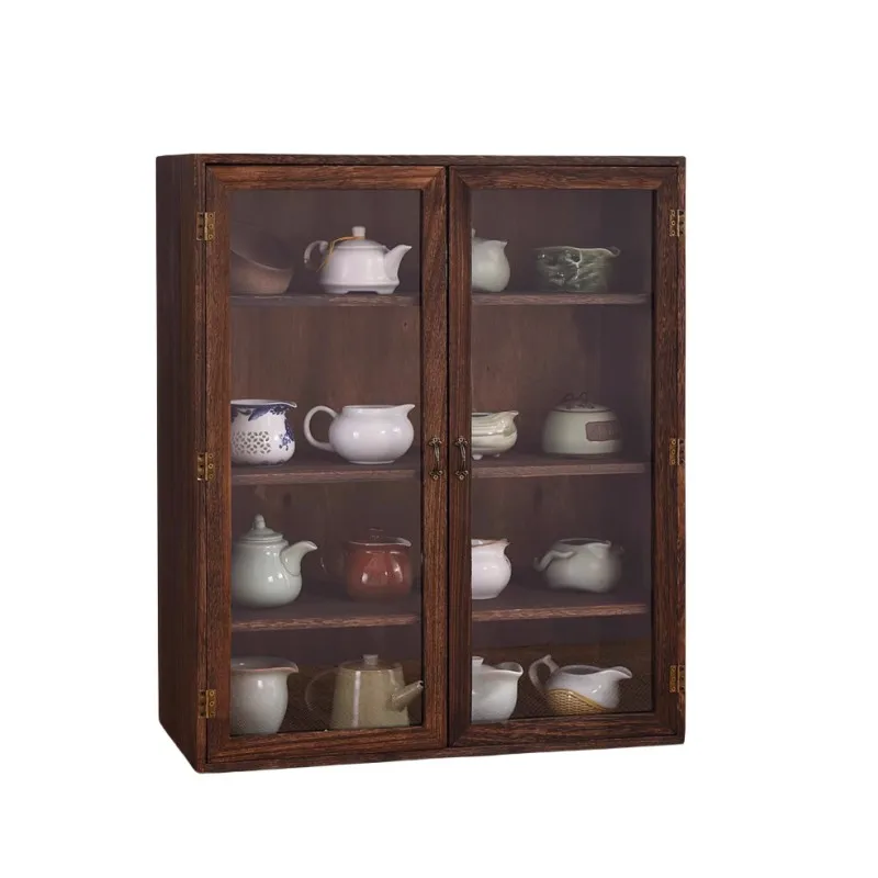 Solid Wood Tea Cabinet Dustproof Tea Cup Holder Small Blog Desktop Shelf Countertop Mini Cabinet Organizer with Acrylic Windows