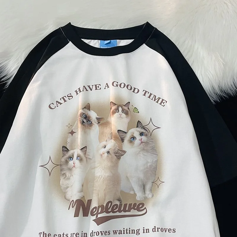 2023 Vintage Brown Raglan Sleeve Oversized T Shirts Cute Cats Printed Cotton Material Summer Tops Y2K Harajuku Korean Streetwear