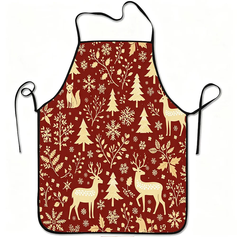 1pc Golden Reindeer Forest Print Apron, Durable And Easy To Clean, Adjustable Waistband, Polyester Material, For Kitchen Cooking