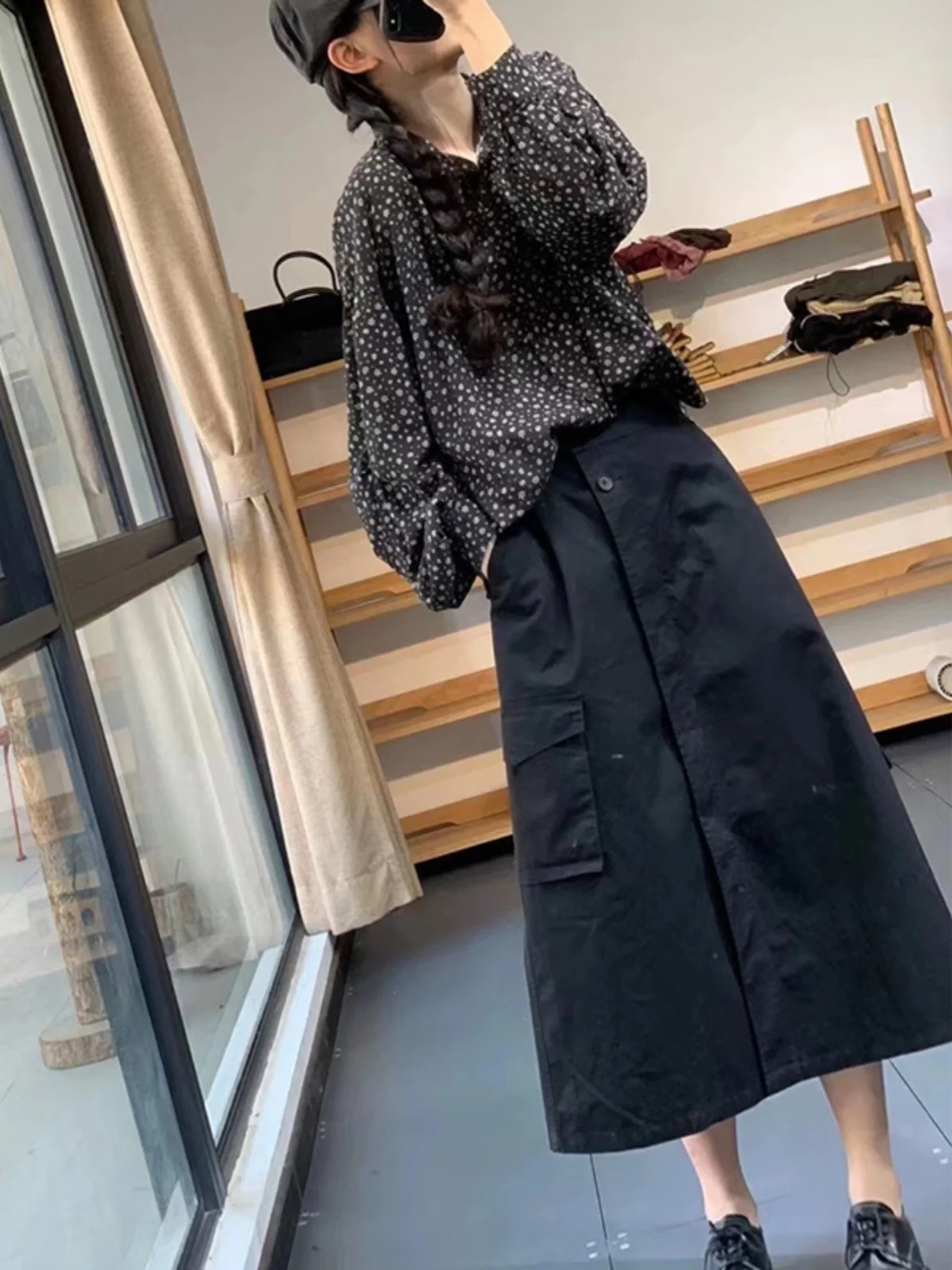 Saia midi linha a de cintura alta com grandes kets solto ajuste feminino workwear sle primavera outono design de emagrecimento exclusivo