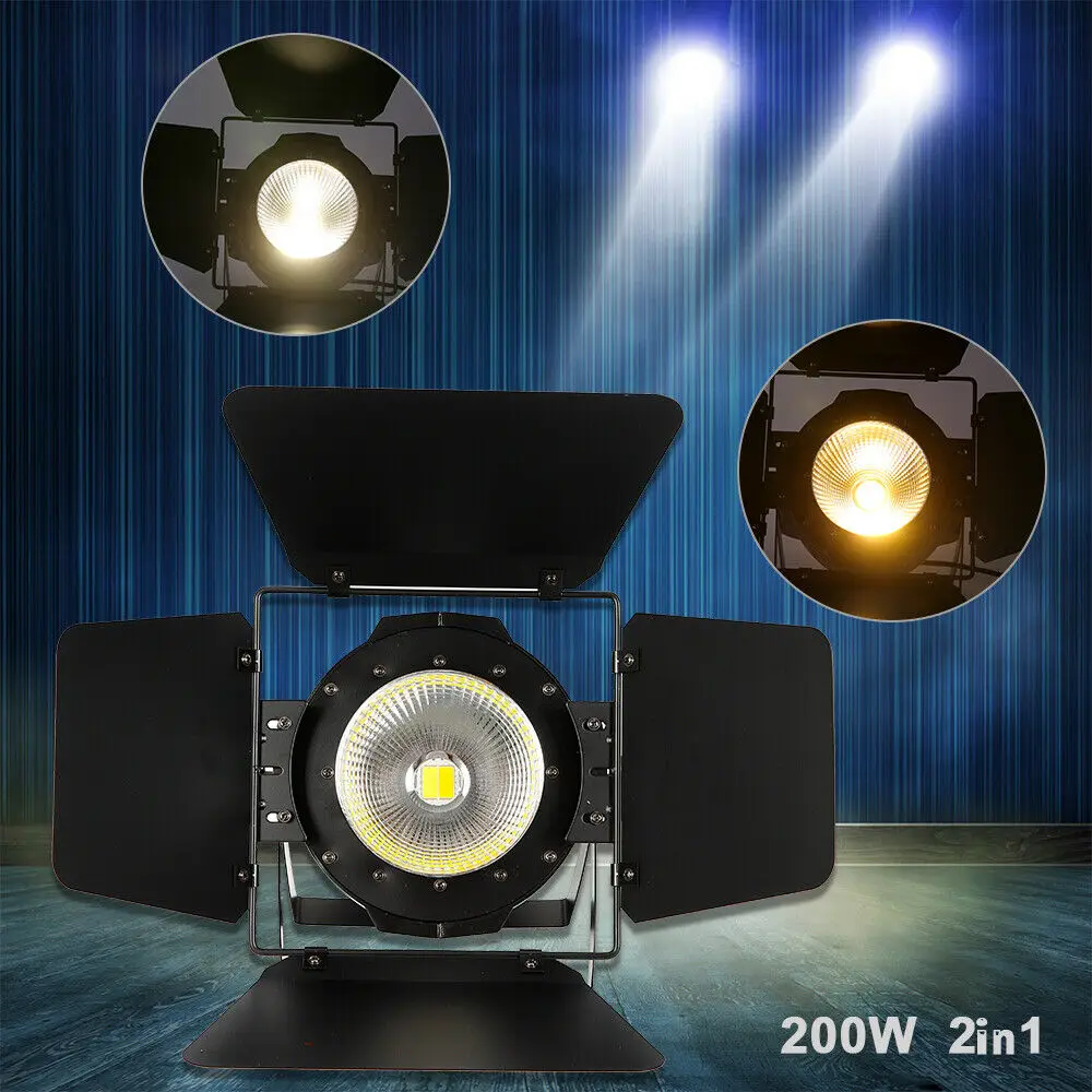 Stage Light with Barn Doors 200W COB DMX512 Cool & Warm White DJ Par Dance Party for Theatre Uplight Concert Church Spotlight