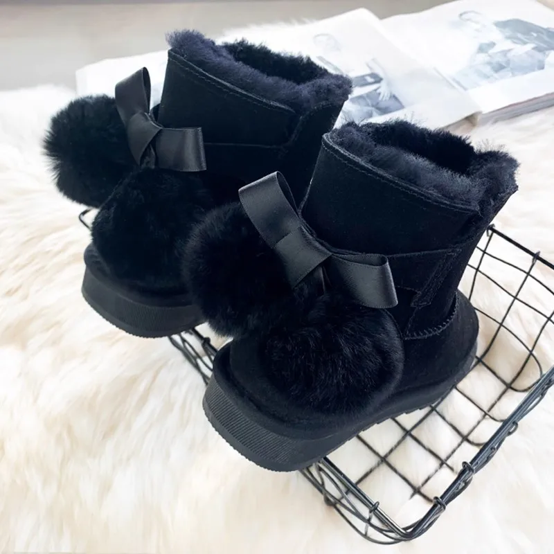 Newly Launched bow Tie Women Boots Genuine Leather Winter Genuine Snow Boots Female Student Warm Wool Shoes Ankle Boots