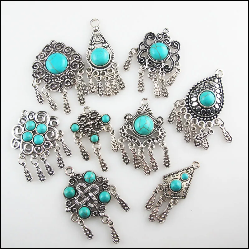 Fashion New Turquoise Stone Charms Flower Teardrop Crown Shield Tibetan Silver Plated Tassels Pendants Retro