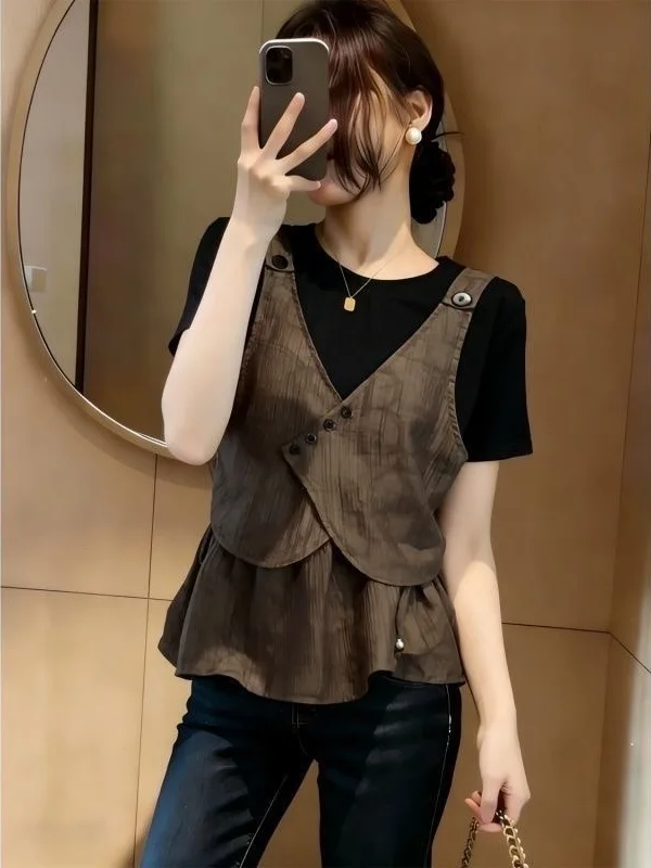 plus Size Summer Short Sleeve Base Shirt Waist Cinching Patchwork Design for Plump Sister Casual Comfortable Breathable Women...
