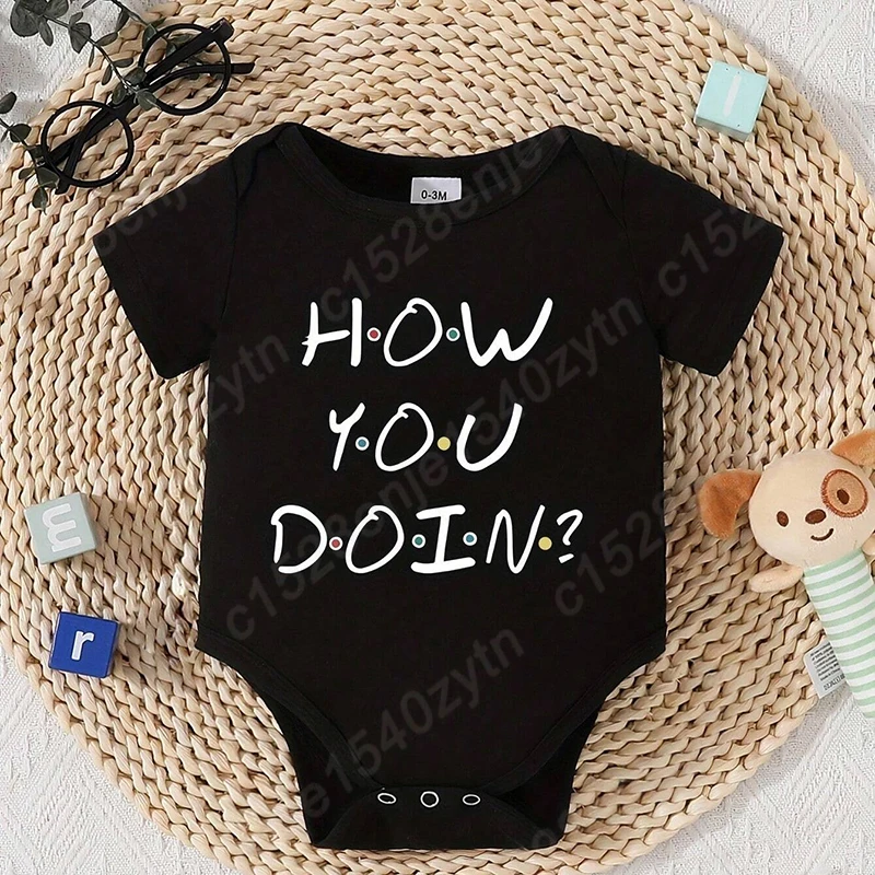 

Baby Boys Girls Bodysuit, How You Doing Graphic Jumpsuit, Summer Short Sleeves Round Neck Bodysuit, Solid Color Infant's Clothes