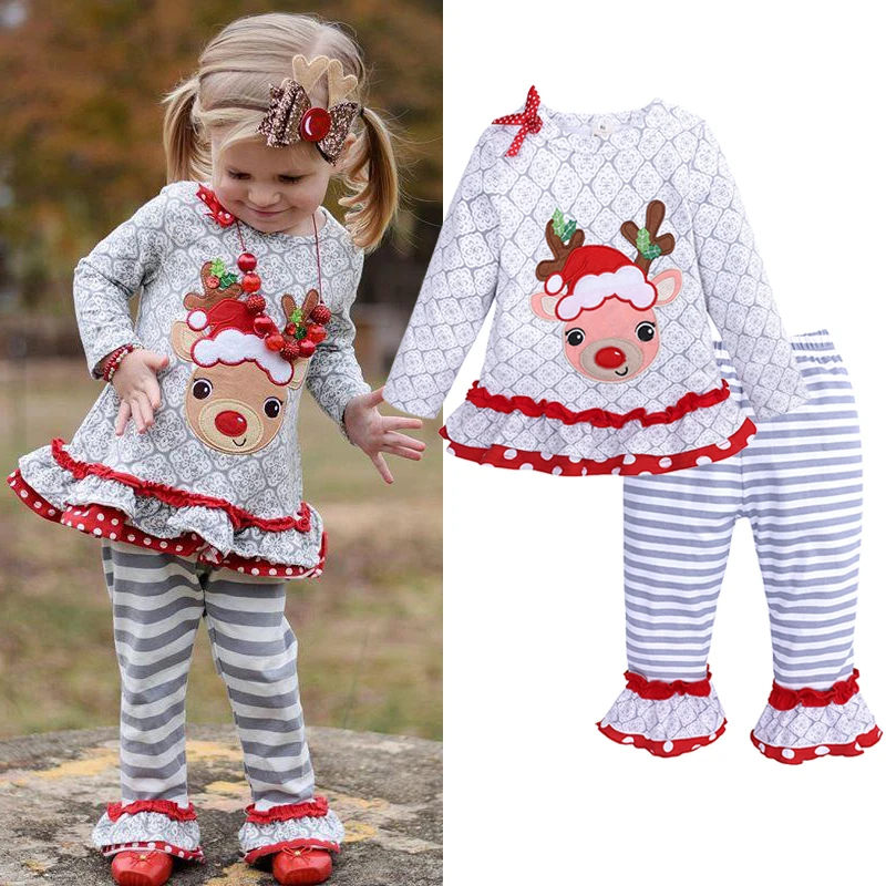 

1-5 Yrs Baby Girls Clothing Set Cute Cartoon Elk Cotton Top And Pants Christmas Little Princess Suit Birthday Party Kids Clothes