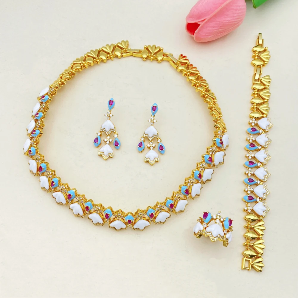 

Fashionable Shiny Gold Plated Zirconia Jewelry Set Nigeria Evening Party Essential Necklace Earrings Bracelet Ring