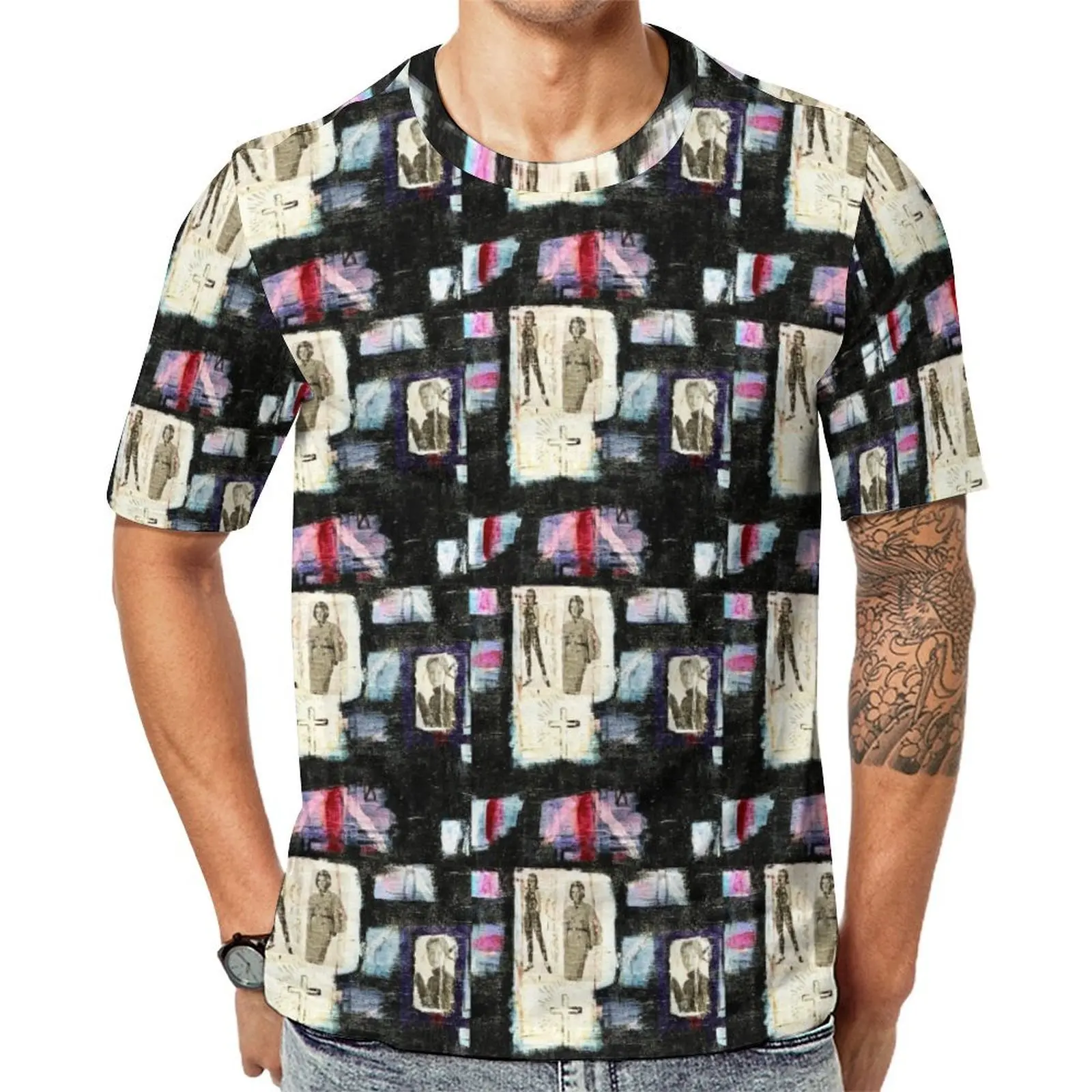Dark Grunge Vintage Portrait Collage Print T Shirt Hip Hop T-Shirts Short Sleeve Graphic Tops Summer Casual Oversized Top Tees