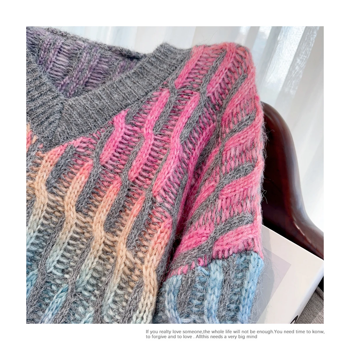 Pulôver de malha feminino cinza contrastante com decote em v 20000s y2k japonês all-match solto outono e inverno novo chique meados de comprimento topo