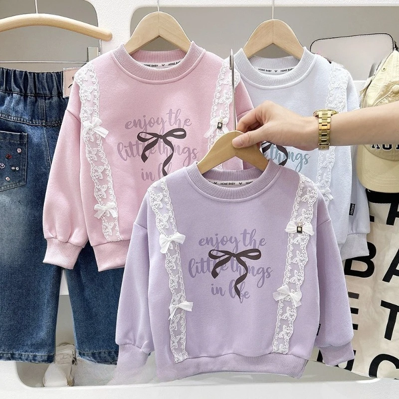

2025 New Autumn Mid to Large Children's Fashion Lace Bow Round Neck Hoodie