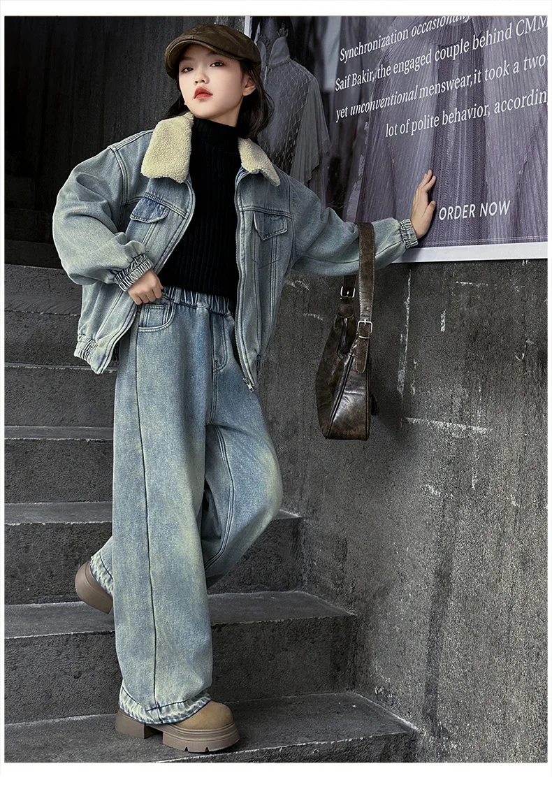 Girls Winter Korean Denim Set 2024 New Thick and Fleece Cold Warm Denim Set Coat and Pants Two-piece Set Clothes Fashion image 6