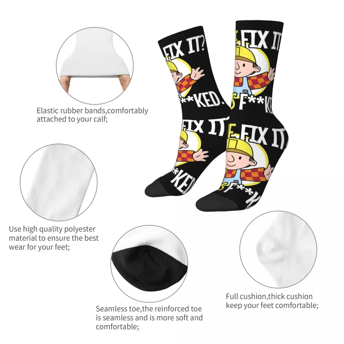 Winter Warm Cool Unisex Can We Fix It Funny Repair Man Bob Socks The Builder Engineering Cartoon Sweat Absorbing Football Socks