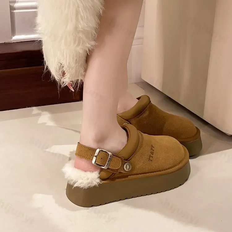 New Luxury Winter Women's Mules Slippers Plush Fashion Retro Bean Shoes Cotton Ladies Thick Sole Slippers Platform Woman Boots