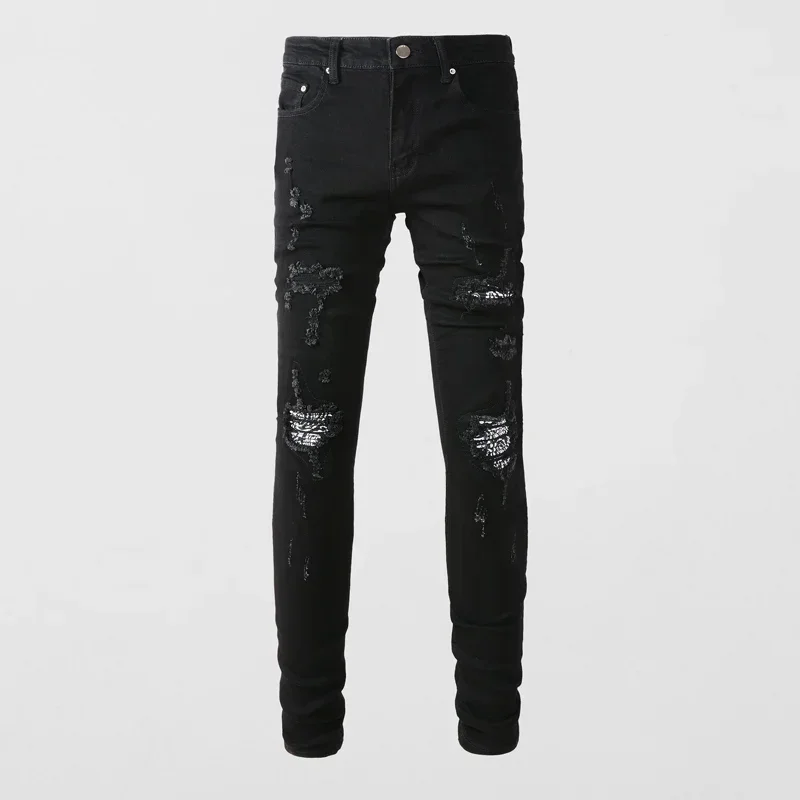 

High Street Fashion Men Jeans Black Stretch Skinny Trousers Elastic Ripped Jeans Paisley Patch Designer Hip Hop Brand Pants Men