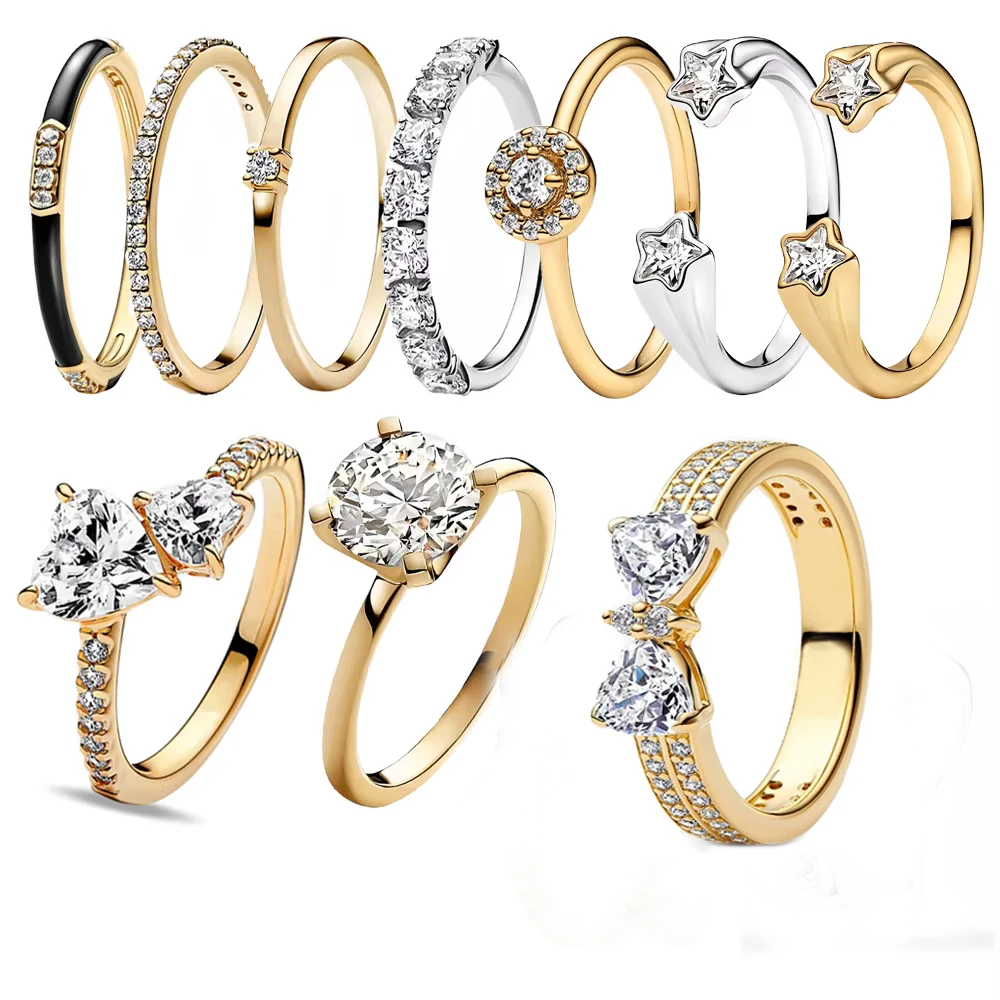 Anillo de Plata de Ley 925 brillante, estrellado, oro negro, corazones dobles, lazo y circonita redonda grande, joyería de moda de estilo Neutral