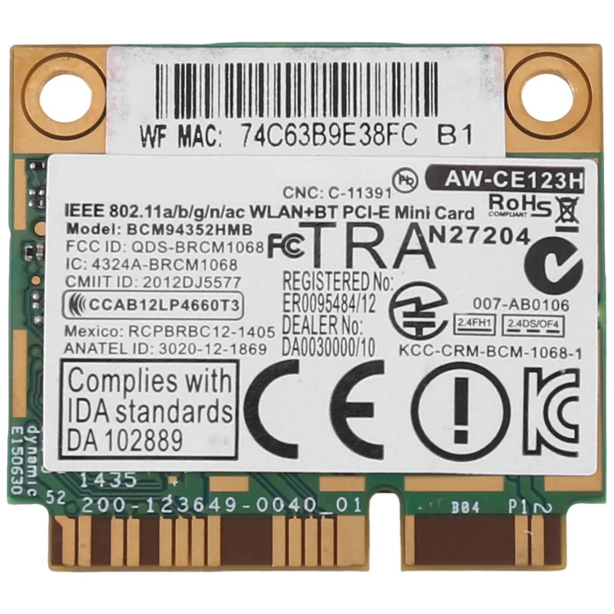 AzureWave BCM94352HMB 와이파이 카드, 미니 PCIe 802.11AC 867Mhz 무선 와이파이 WLAN 블루투스 카드