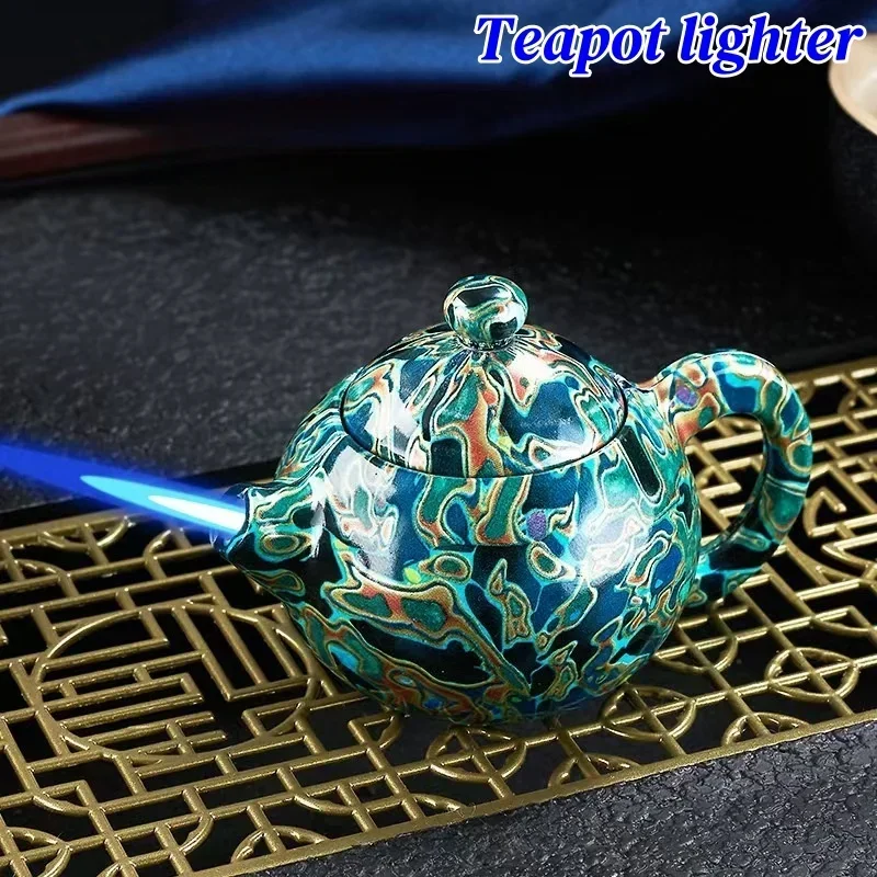New Novelty Kettle-Shaped Torch Lighter, Rotating Decompression Windproof Jet, Refillable Butane Unique Gift for Smokers