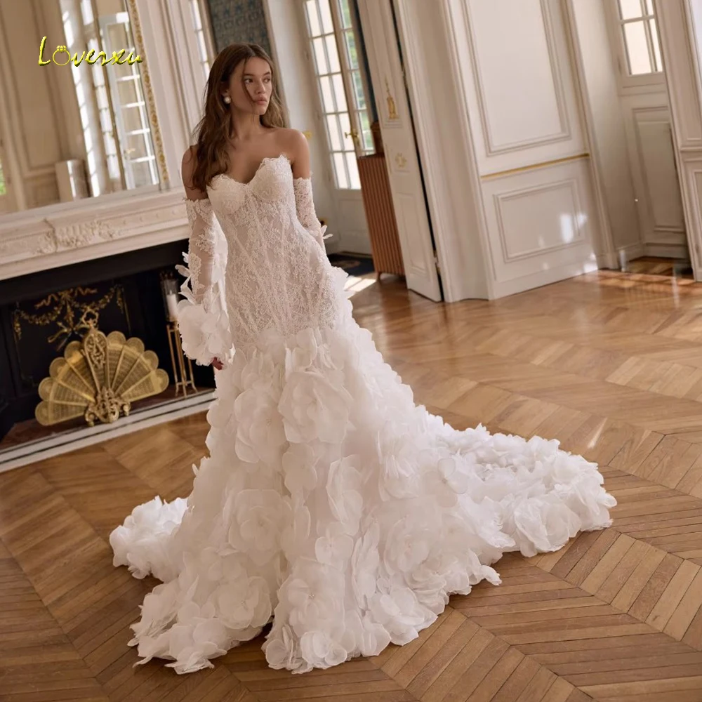 Loverxu Mermaid Wedding Dresses Strapless Detachable Sleeve Vestido De Novia Lace Embroidery 3D Flowers Custom Made Bridal Gown