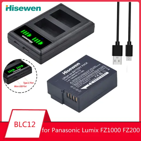 DMW-BLC12 BLC12E Battery+LED USB Charger with Type C Port for Panasonic Lumix FZ2000 FZ200 FZ300 G5 G6 G7 GH2 GX8 G85 FZ2500