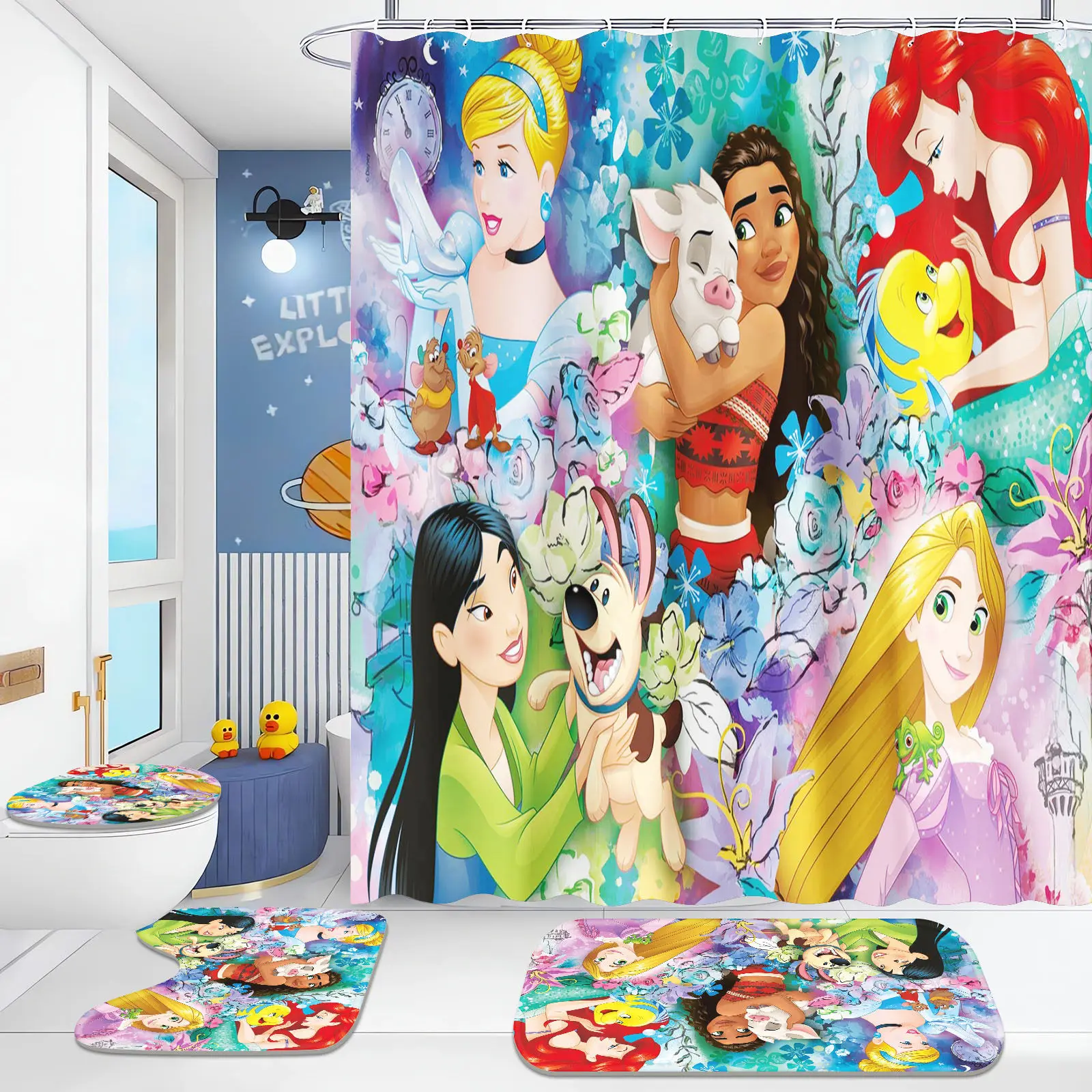 

Набор для ванны принцессы для душа, милые занавески с героями мультфильмов, роскошные наборы украшений и аксессуаров, полные коврики, 4 шт.