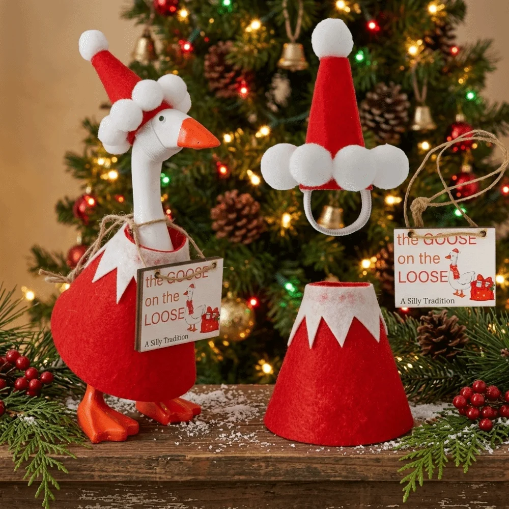 Cute Fabric Goose Statue 7-Inch Christmas Tree Shaped Christmas Ornament With Hat Red And White Striped Scarf Pet Clothes Yard