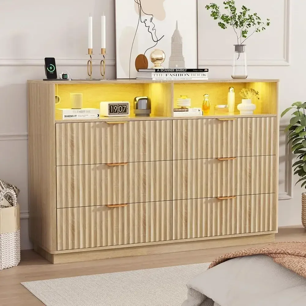 6 Drawer Dresser or Bedroom, 54 Wide RGB Multicolor Chest of Drawers with Charging Station, TV Stand with 2 Shelves Storage, Liv