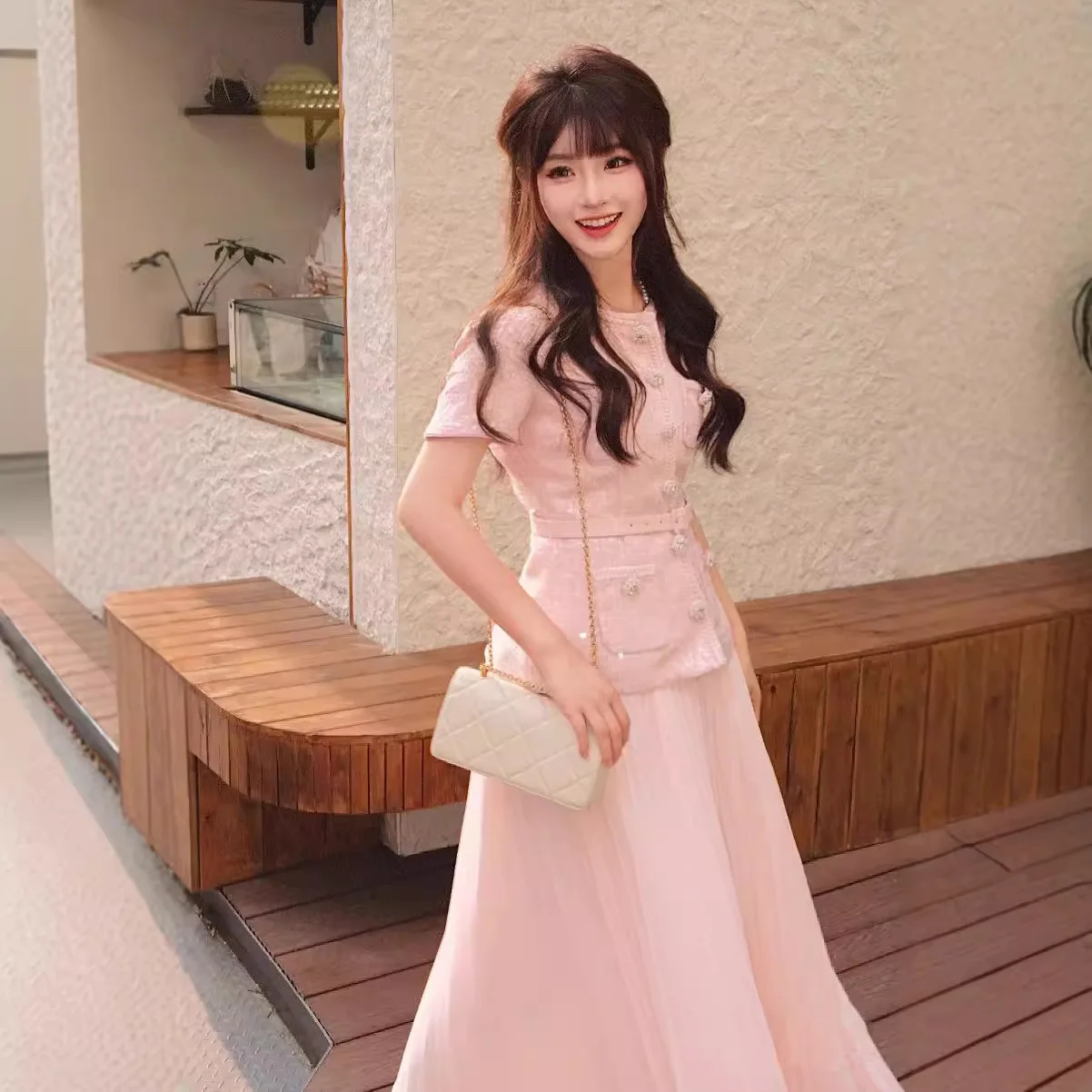 Quality Designer Autumn Winter Tweed Chiffon Sequins Prom Dress Women Pink Short Sleeve Pleated Midi Long Evening Dresses Lady