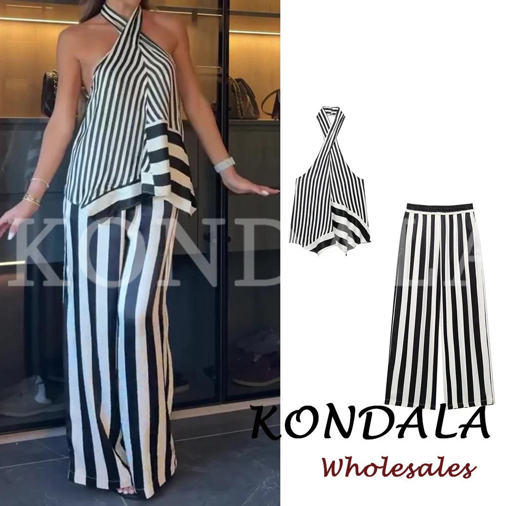 KONDALA Fashion 2026 Fall Striped Patchwork Women Blue Suit Neck-mounted Vest+ Modern Straight Pants Night Party Streetwear Set