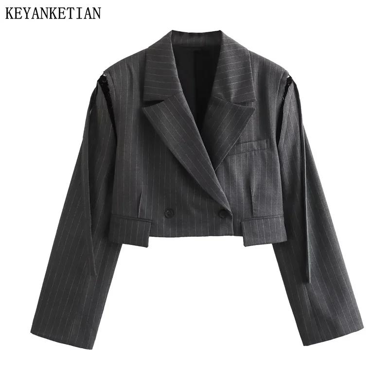 

KEYANKETIAN Autumn New Women's Frayed Trim Decoration Design Jacquard Suit Coat Fashion Front Welt Pockets Crop Top Outerwear