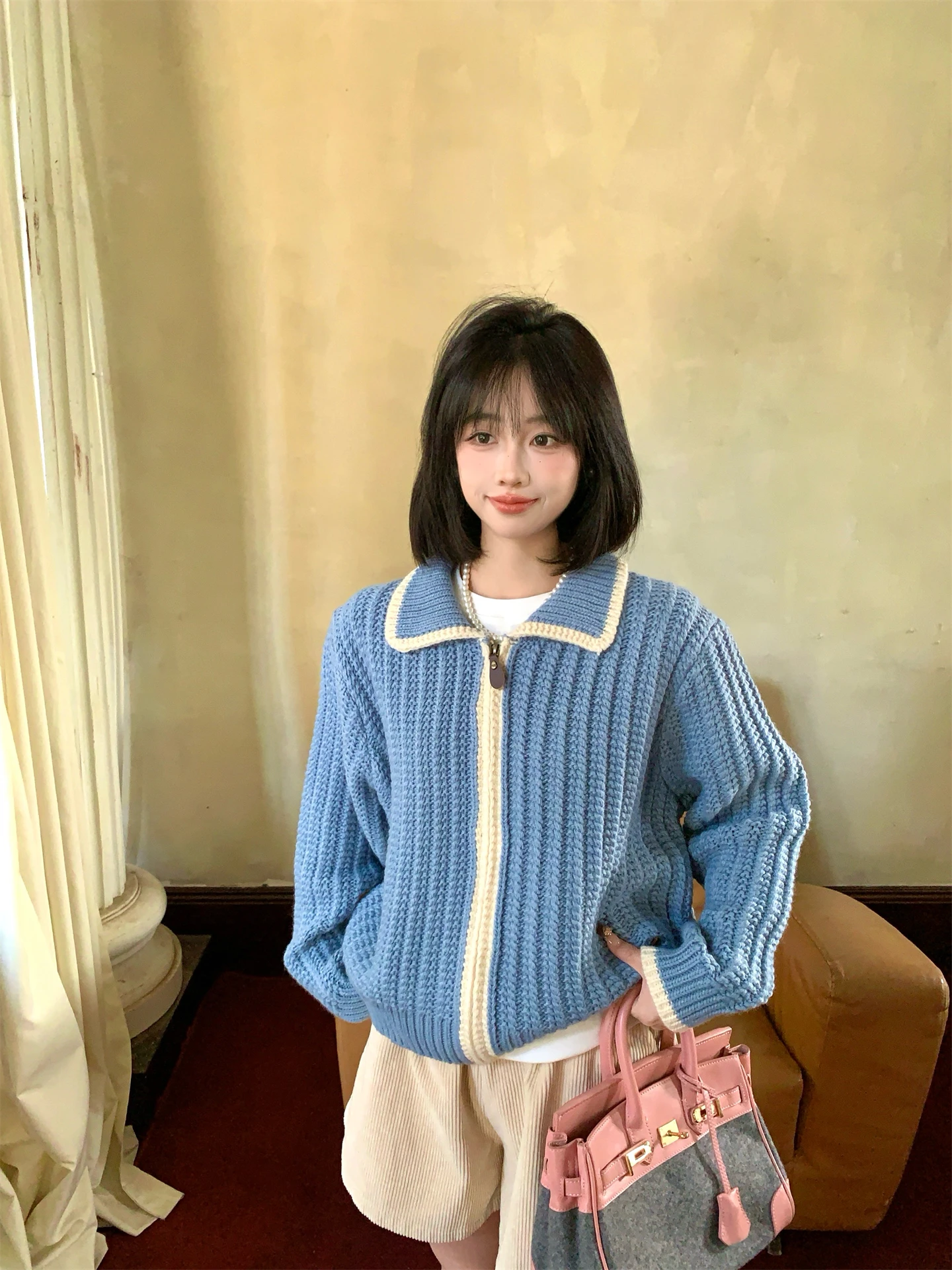 

Свободный женский вязаный кардиган в корейском стиле с воротником-стойкой, длинными рукавами, теплый, осенне-зимняя верхняя одежда