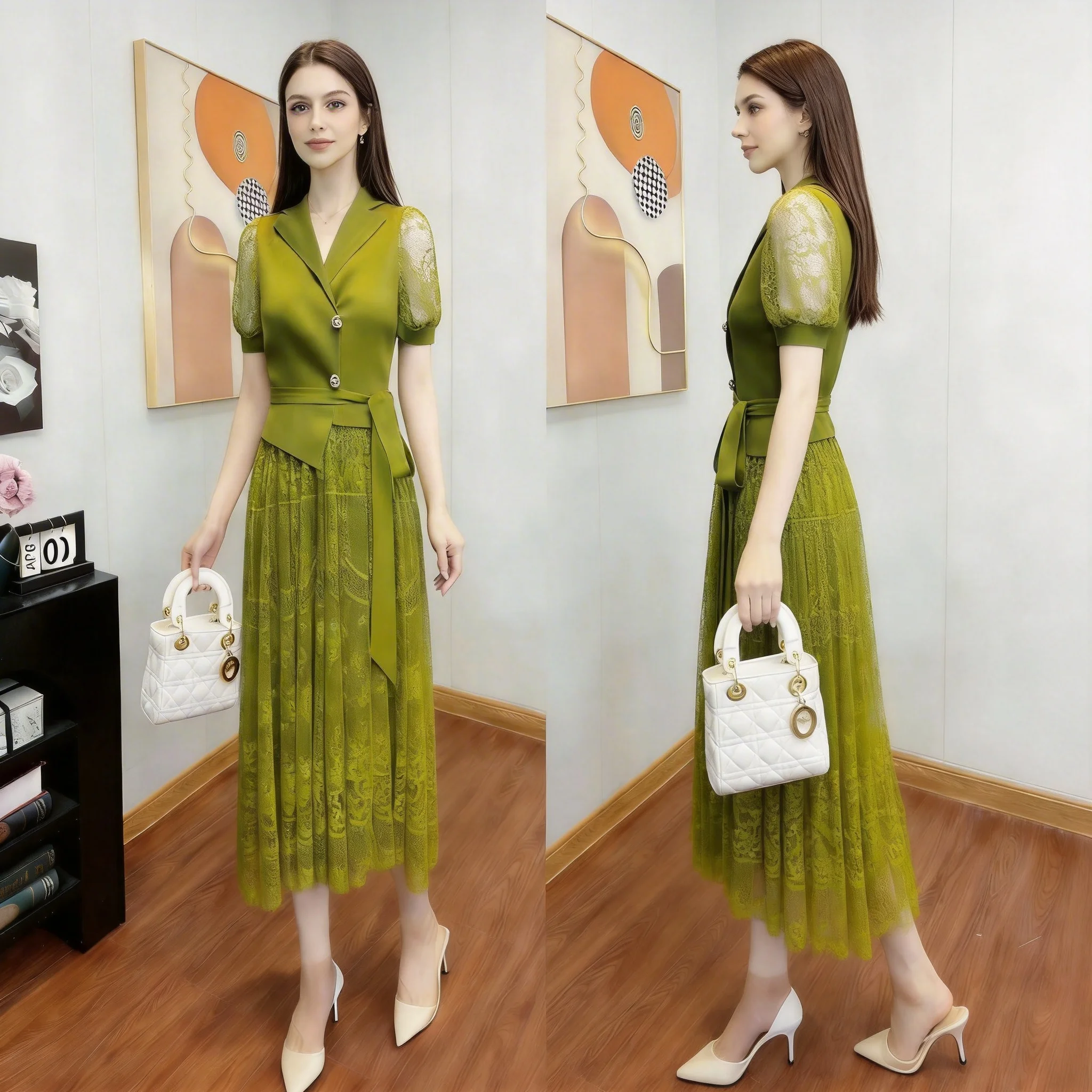 

Miyake Style Hollow Lace Splicing Women's Pleated Dress Chic New Suit Collar Fake Two-piece Set Short-sleeved Women's Long Dress